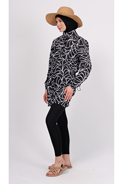 GAVLİA Nua Geometric Patterned Hijab Swimsuit Set (Top + Leggings + Bag) – Set of 3 with Leggings