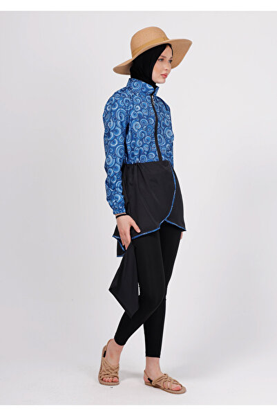 GAVLİA Σετ μαγιό Runa Blue Spiral Hijab (Τοπ + Κολάν + Τσάντα) – Σετ 3 τεμαχίων με κολάν