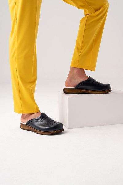 ÇİZGİ MEDİKAL Navy Blue Men's Classic Gold Leather Sabo Slippers Genuine Leather Doctor Nurse Hospital Slippers
