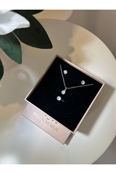VİYA Ines Pırlanta Model Tektaş Zirkon Taşlı Kolye Küpe Yüzük Düğün Seti