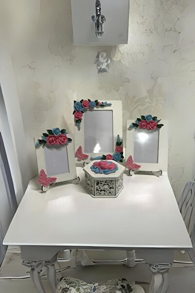 AYDİZAYN Polyester Photo Frames and Candy Holder with Rose and Butterfly Motifs