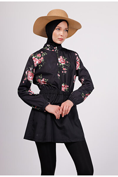 GAVLİA Σετ μαγιό Hijab με σχέδιο λουλουδιών (Τοπ + Κολάν + Τσάντα) – Σετ 3 τε...