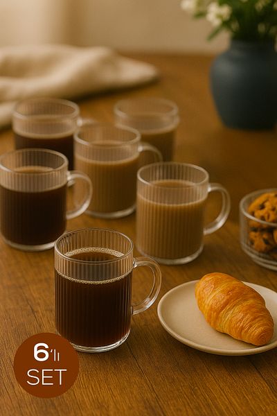 Vienev Set of 6 Striped Patterned Glass Cups with Handles - 200 ml Glass Tea Cups