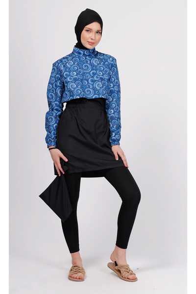 GAVLİA Niva Blue Spiral Patterned Hijab Swimsuit Set – Set of 4 with Tights (Boneli)
