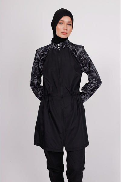 GAVLİA Σετ μαγιό Mira Black White Wave με σχέδιο Hijab – Σετ 4 τεμαχίων με πα...