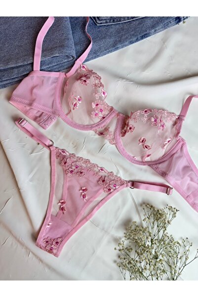 ROZENİN LINGERIE Romantik Pembe Çiçekli Kapsız Bralet Tanga Set