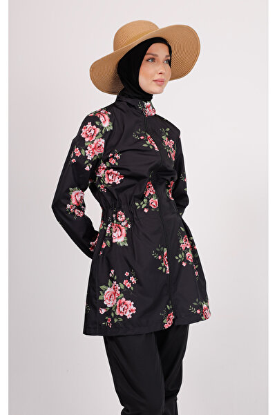 GAVLİA Nuu Çiçek Desenli Tesettür Mayo Takımı (Üst + Pantolon + Çanta) – 3’lü Paraşüt Pantolonlu Set