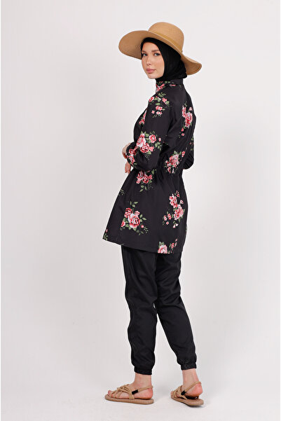 GAVLİA Nuu Çiçek Desenli Tesettür Mayo Takımı (Üst + Pantolon + Çanta) – 3’lü Paraşüt Pantolonlu Set