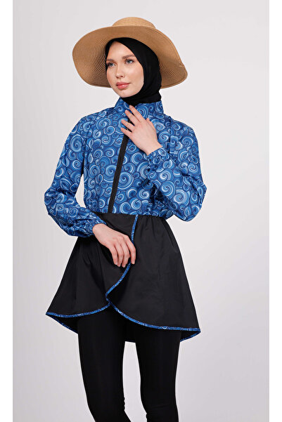 GAVLİA Σετ μαγιό Runa Blue Spiral Hijab (Τοπ + Κολάν + Τσάντα) – Σετ 3 τεμαχίων με κολάν