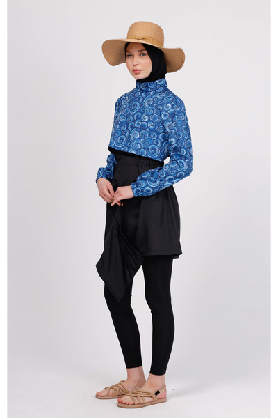 GAVLİA Σετ χιτζάμπ Niva με μπλε σπιράλ σχέδιο: Μπλούζα + Κολάν + Τσάντα, 3 τεμάχια με κολάν