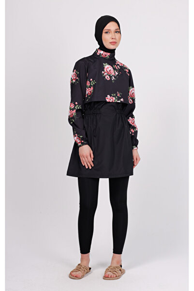 GAVLİA Niva Floral Patterned Hijab Swimsuit Set – Set of 4 with Tights (Boneli)