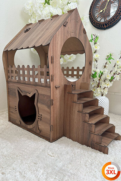 Genel Markalar 3XL Kedi Evi – Ahşap Desenli, Merdivenli, İki Katlı MDF, 91×92×52 cm