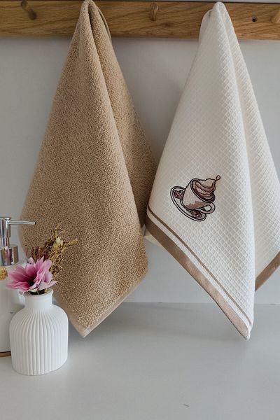 Sevim Beige Colored 2-piece Kitchen Towel - Cappuccino Cup Embroidered