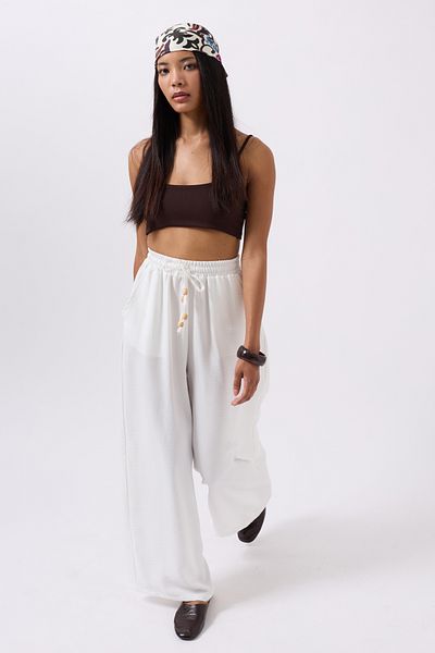 Black Fashion Ecru Trousers - Elastic Waist and Tie Detail