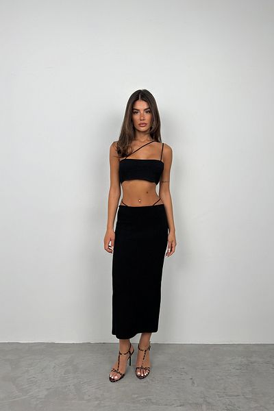 Black Fashion Μαύρη μάξι φούστα - Σχέδιο με λεπτή υφή με σχοινί