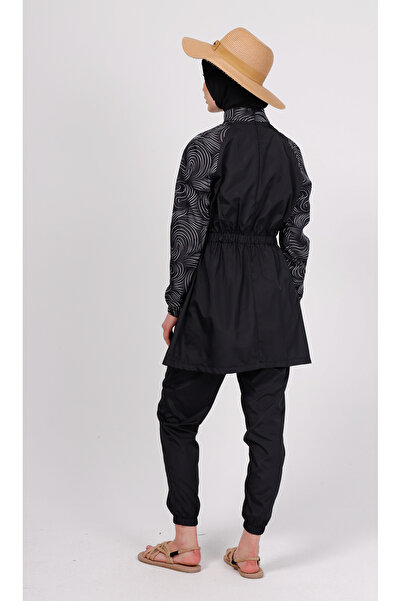 GAVLİA Niva Black and White Wave Patterned Hijab Swimsuit Top (Single) - Bag Gift