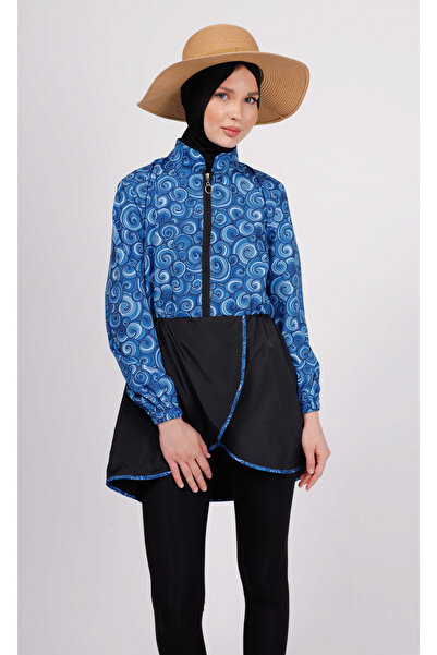 GAVLİA Σετ μαγιό Runa Blue Spiral Hijab (Τοπ + Κολάν + Τσάντα) – Σετ 3 τεμαχίων με κολάν