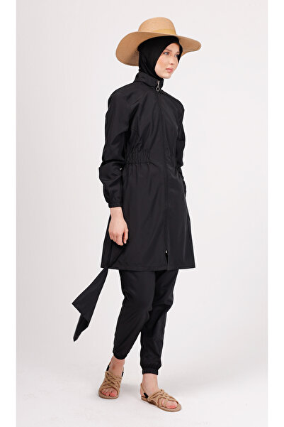 GAVLİA Nuu Plain Black Hijab Swimsuit Set (Top + Pants + Bag) – Set of 3 with Parachute Pants