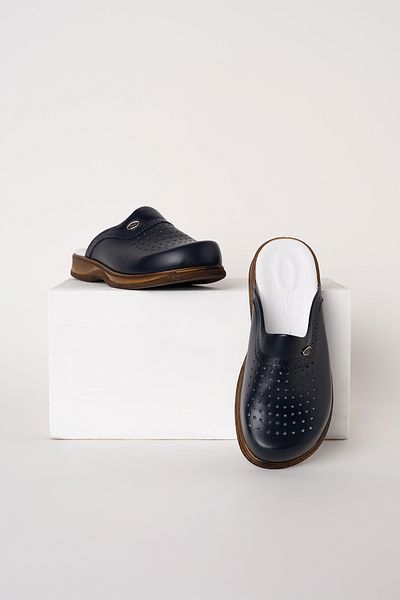 ÇİZGİ MEDİKAL Navy Blue Men's Classic Gold Leather Sabo Slippers Genuine Leather Doctor Nurse Hospital Slippers