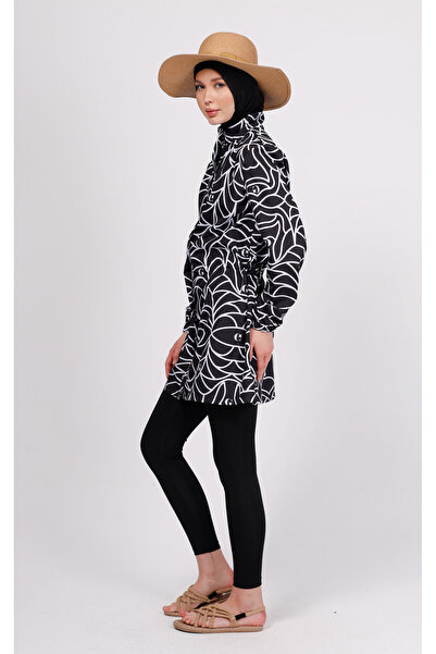 GAVLİA Nua Geometric Patterned Hijab Swimsuit Set (Top + Leggings + Bag) – Set of 3 with Leggings