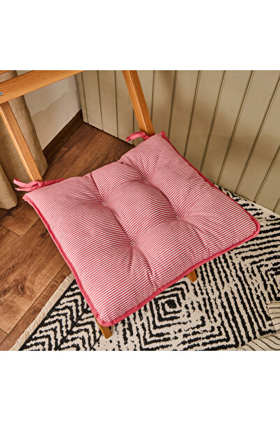 Evidea Soft Earthy Hues İnce Çizgili Sandalye Minderi - Ekru / Kırmızı - 43x43 cm