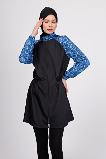 GAVLİA Mira Blue Spiral Patterned Hijab Swimsuit Set – Set of 4 with Tights (Boneli)