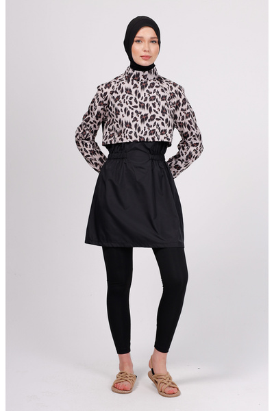 GAVLİA Niva Leopard Patterned Hijab Swimsuit Set – Set of 4 with Tights (Boneli)