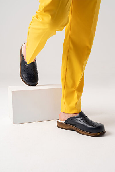 ÇİZGİ MEDİKAL Navy Blue Men's Classic Gold Leather Sabo Slippers Genuine Leather Doctor Nurse Hospital Slippers