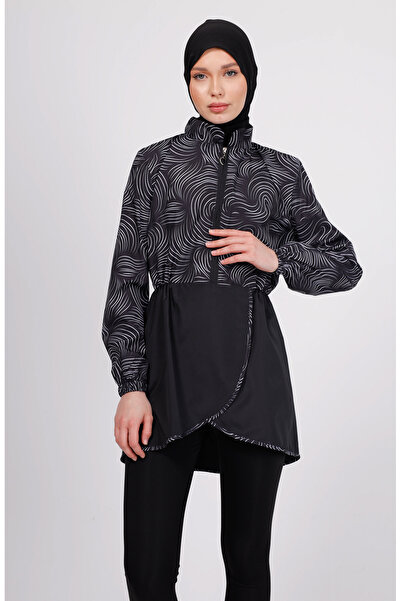 GAVLİA Σετ μαγιό Runa Black White Wave Pattern Hijab – Σετ 4 τεμαχίων με καλσ...