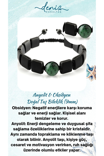 Deniz Doğal Taş Brățară din piatră naturală Anyolit și Obsidian de 9 mm - Cer...