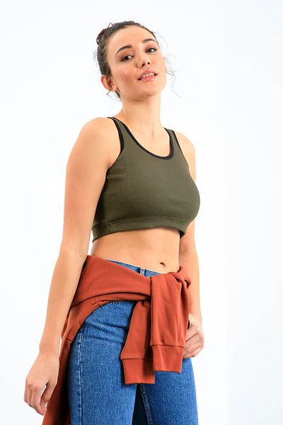 TOMMY LIFE Khaki Basic Zero Sleeve Skinny Fit U Collar Women's Crop Top Undershirt - 97160