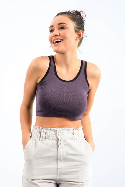TOMMY LIFE Violet deschis, de bază, cu mâneci zero, cu decolteu în U, pentru femei, crop top - 97162