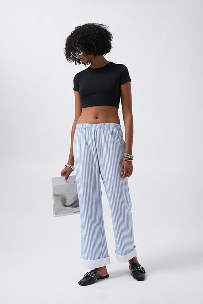 Black Fashion Blue Striped Trousers with Stripe Detail at the Leg