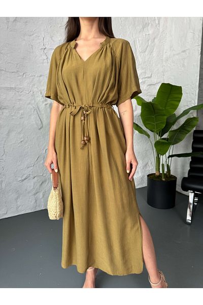 Elif Özbey Butik Κοντομάνικο φόρεμα με ζώνη με χάντρες