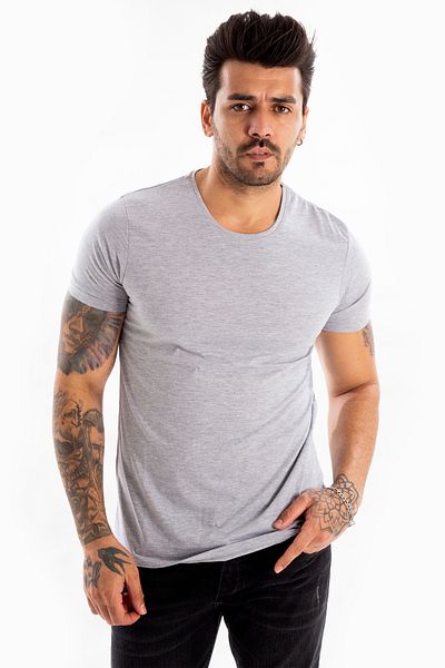 DeepSEA Γκρι ανδρικό/unisex Slim Fit Στενής Γραμμής Μπλούza με Κοντό Μανίκι από Βαμβάκι και Λυκρα Basic T-shirt 1801131