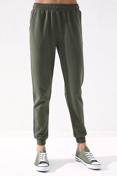TOMMY LIFE Jogger cu talie înaltă kaki, formă confortabilă, cu manșete, pantaloni de trening pentru femei - 94561
