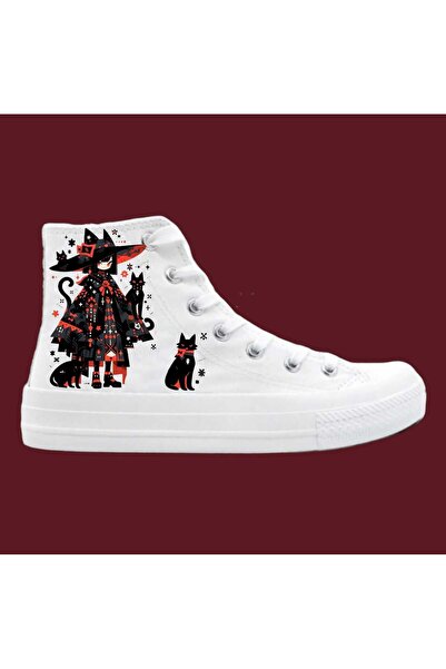 bhk desing Cadı kedi baskılı keten kız çocuk kanvas spor ayakkabı sneaker