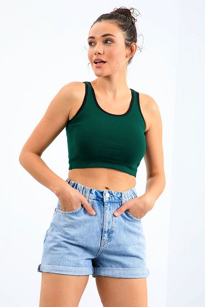 TOMMY LIFE Green Basic Zero Sleeve Slim Fit U Collar Women's Crop Top Undershirt - 97162