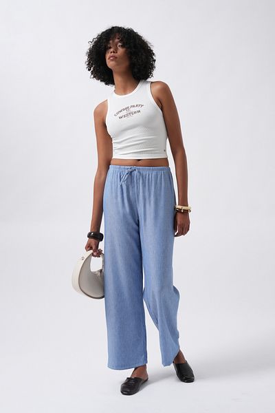 Black Fashion Light Blue Trousers with Thin Belt and Lace Detail