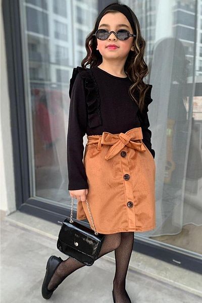 Riccotarz Girl's New Black Velvet Skirt Suit with Ruffles and Double Pockets and Button Detail on the Front