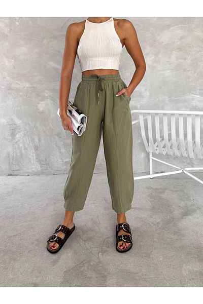 SEVENLINE Women's Linen Blended Loose Cut Trousers with Elastic Waist and Pocket Detail