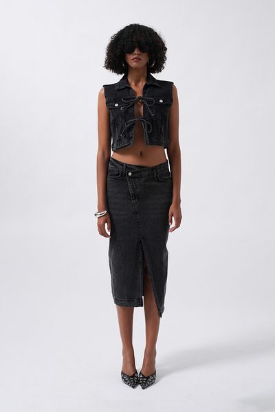 Black Fashion Slit Detail Denim Midi Black Skirt