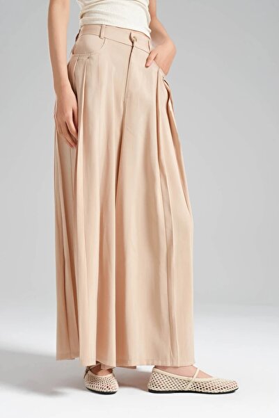 tw3 Women's Pleated Detailed Elastic Waist Design Wide Leg Trousers