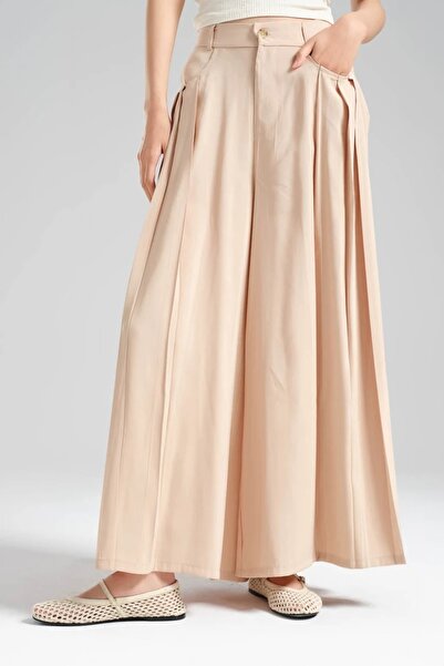 tw3 Women's Pleated Detailed Elastic Waist Design Wide Leg Trousers