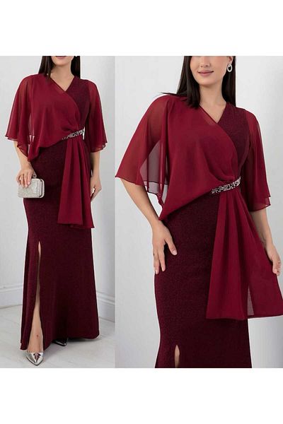 CİXAPLE Stone Detailed Chiffon Evening Dress