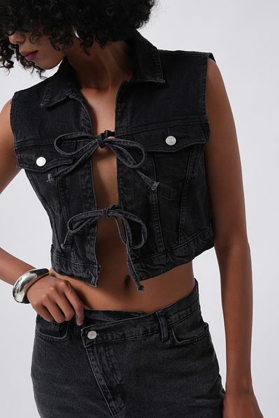Black Fashion Lacing Detail Denim Black Vest