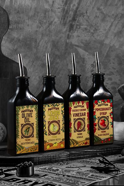 TheBRo 200ml Carmen Series Amber Colored Shiny Metal Olive Oil, Vinegar, Lemon, Pomegranate Sauce Bottle Set of 4