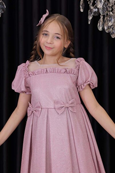 Riccotarz Κοριτσίστικο βραδινό φόρεμα με τετράγωνο γιακά, διάφανο τούλι, βολάν στους ώμους, λεπτομέρεια φιόγκου στη μέση, ασημί ροζ