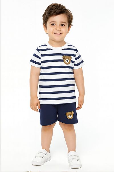 e-çocuk Boy's Striped Teddy Bear Shorts Suit - 1104