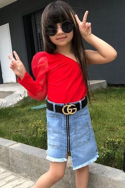 Riccotarz Girl's One Shoulder Detailed Sleeve Transparent Denim Red Skirt Suit